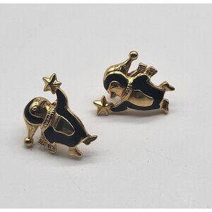 Avon Penguin Holiday Ice Skating 90's Pierced Earrings Black Gold Tone Vintage